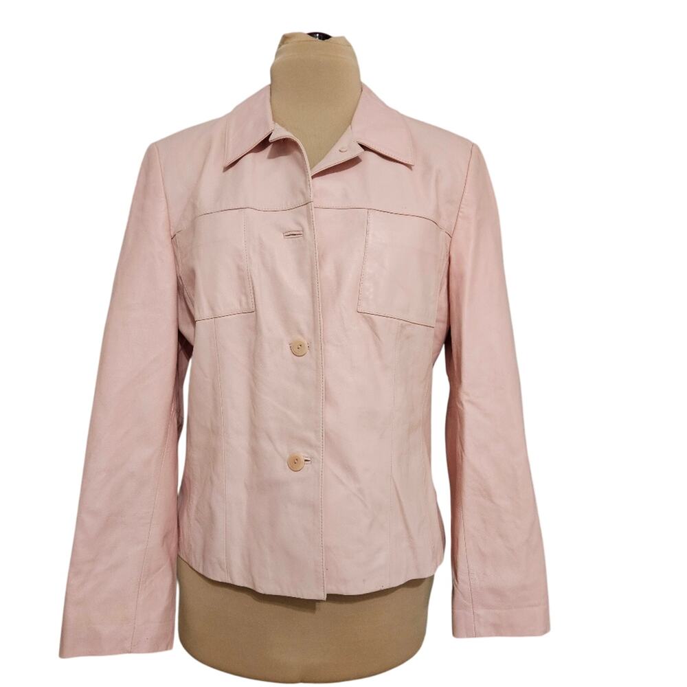 Talbots Womens Pink Leather Jacket Button Front Collared Utility Blazer Size 14